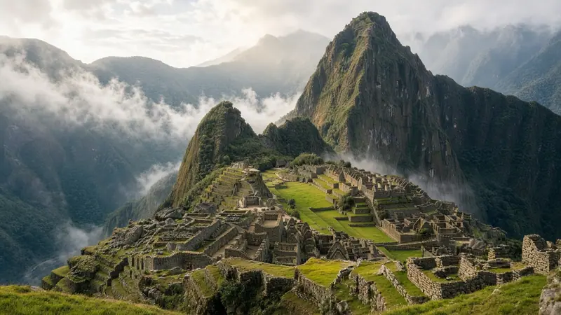 Vista clássica de Machu Picchu com nuvens sobre as montanhas